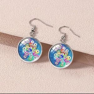 BINGO Round Dangle Earrings silvertone NWT
